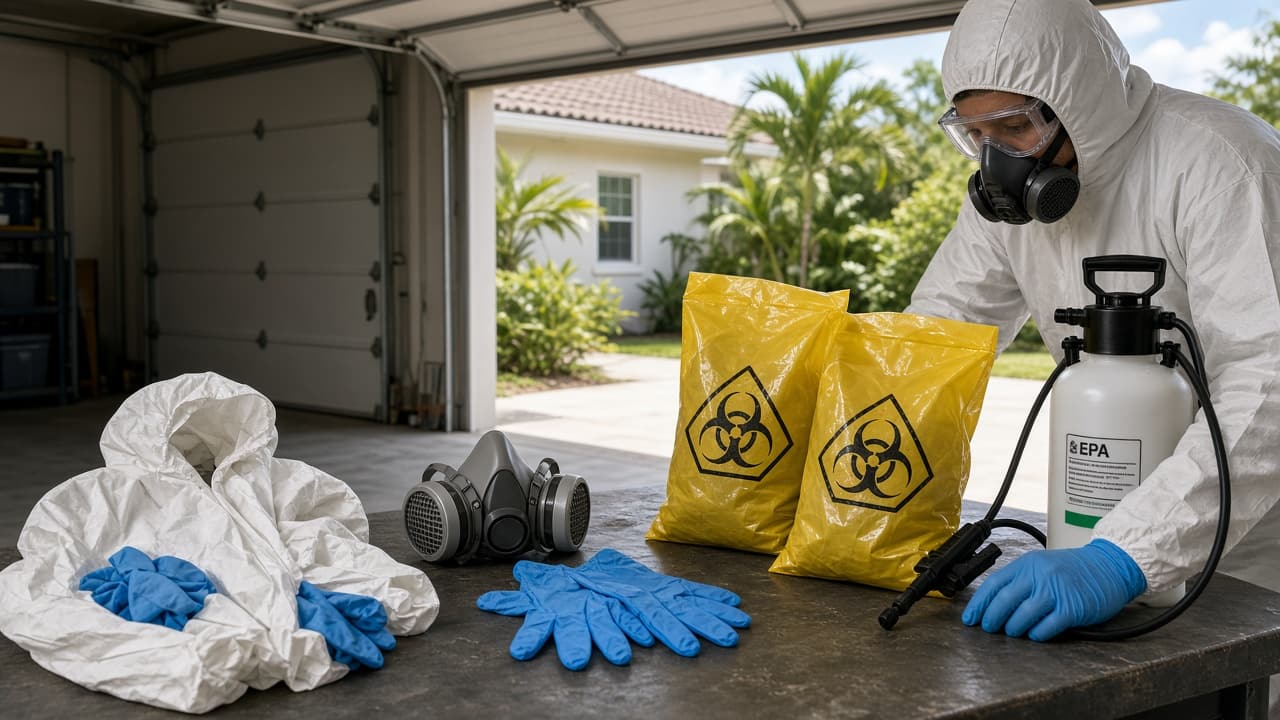 Biohazard Cleanup BioClear Pros OSHA biohazard PPE, respirator, and regulated waste bags ready for dispatch in Miami-Dade, Broward, Palm Beach, Lee, Collier, and Charlotte County