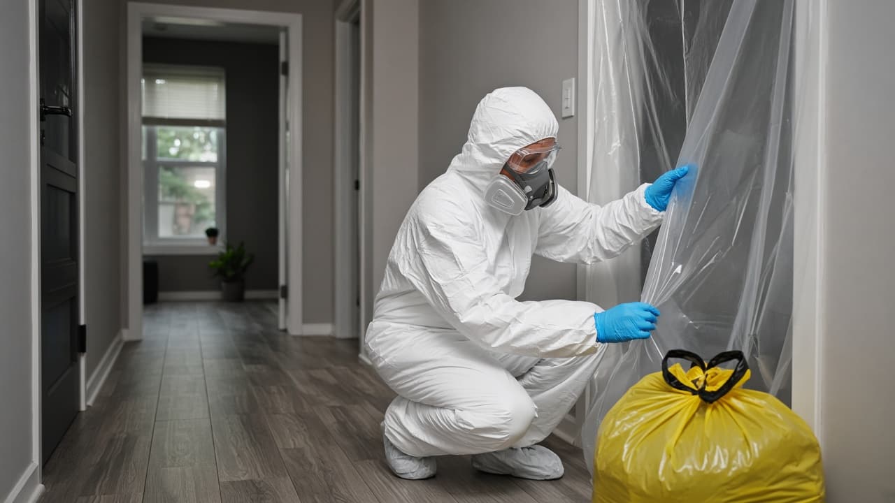 Crime Scene Cleanup BioClear Pros crime scene cleanup technicians with containment and regulated waste bags in Miami-Dade, Broward, Palm Beach, Lee, Collier, and Charlotte County
